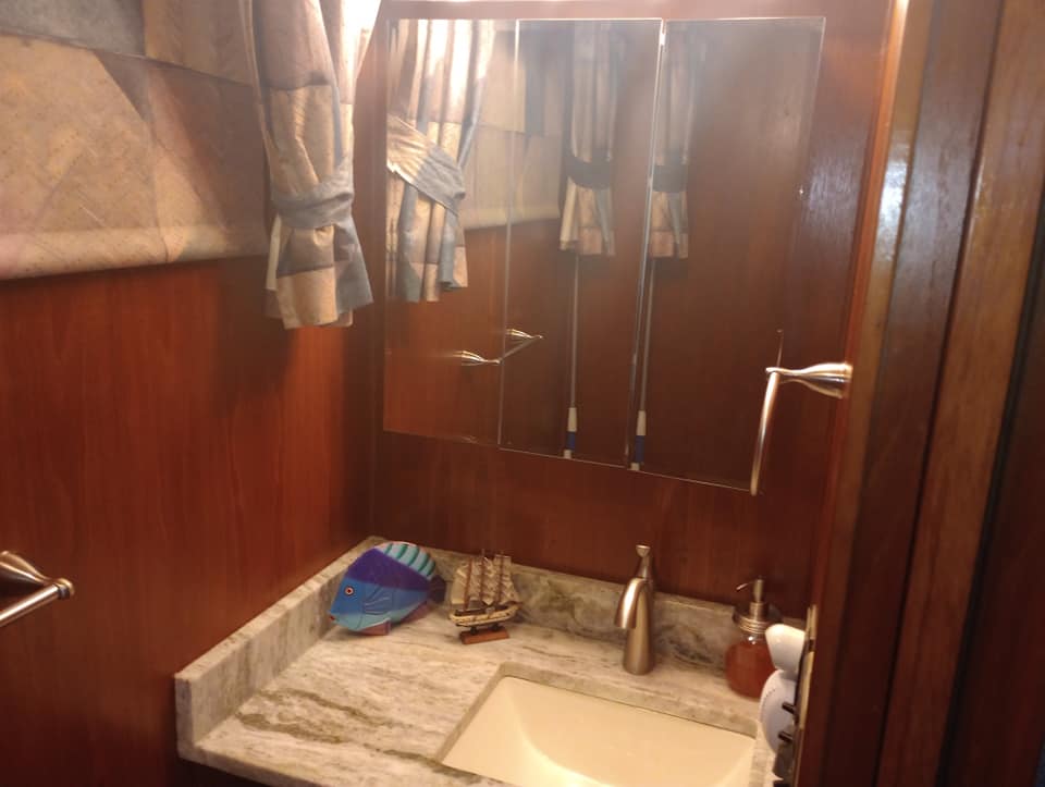 Interior view of a bathroom in a houseboat, featuring a marble countertop, a sink, a decorative fish, a small ship model, and a mirrored cabinet.